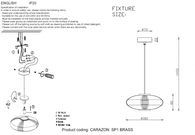 Светильник подвесной Crystal Lux CARAZON  SP1 BRASS фото 4