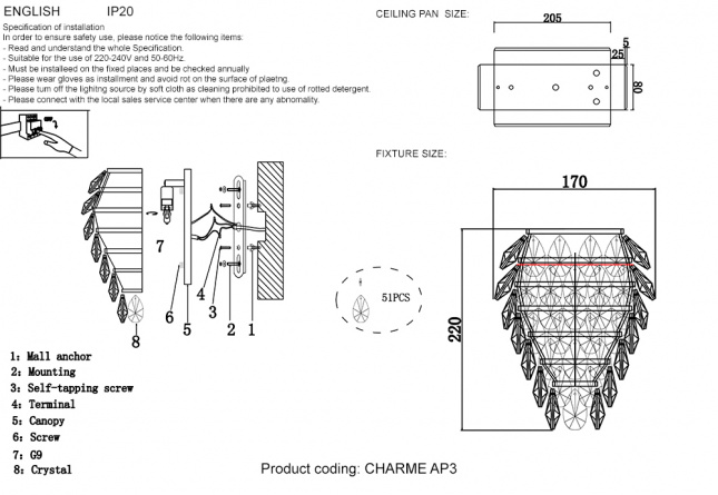 Бра Crystal Lux CHARME AP3 CHROME/TRANSPARENT фото 2